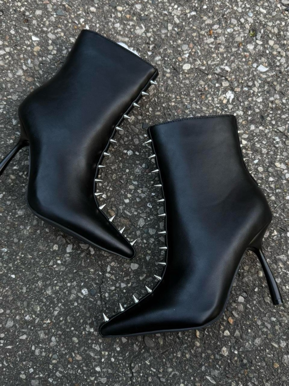 Black Spike-Trim Faux Leather Ankle Booties for Women